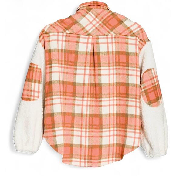 NWT Sherpa Sleeve Flannel Shacket Jacket Size S Orange White Plaid Western Boho - Picture 10 of 12